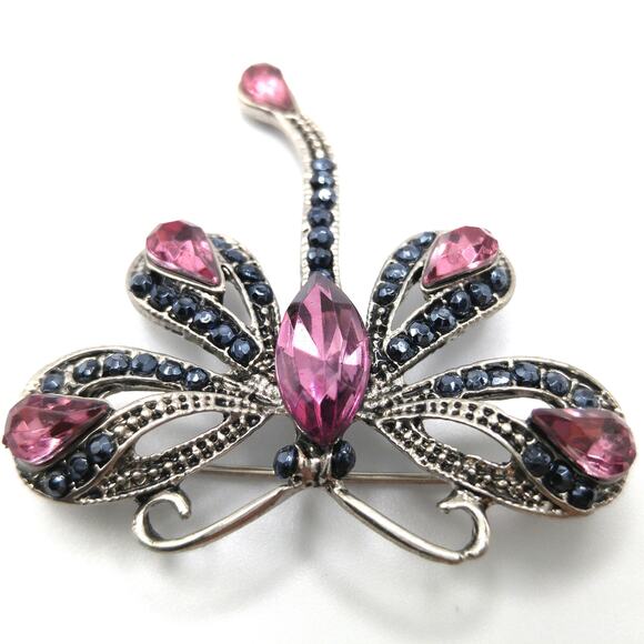 Dragonfly Pink Rhinestone Brooch, Gray Metallic Rhinestones, 1990s Vintage - Picture 2 of 10